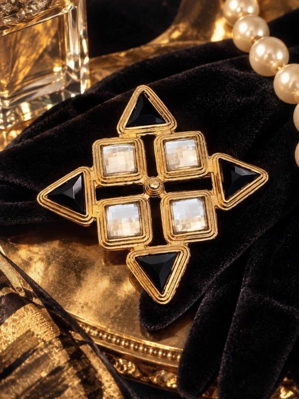 Vintage 80s Brooch Black Gold Tone Runway Style Deco Heraldic Architectural